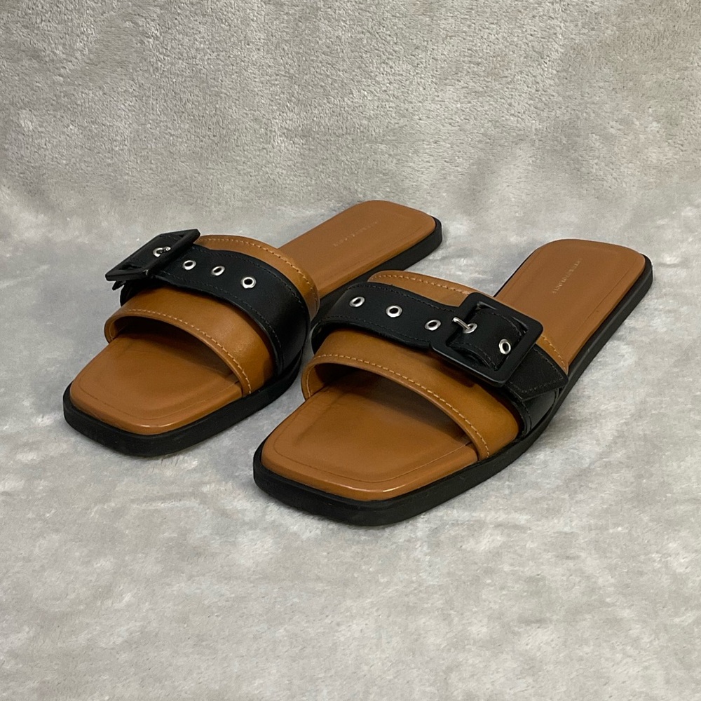 Anthro Leather Buckle Slip On Slide Sandals Womens 9 / 39 Black Brown